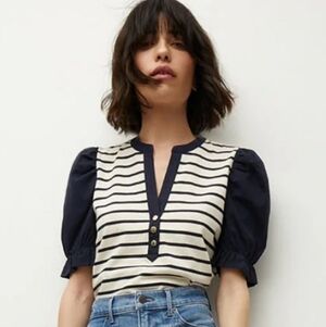 Veronica Beard Raegan Puff-Sleeve Striped Top Sz Med Coastal Nautical